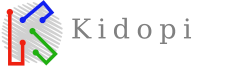 Logo kidopi simples, sem texto. Uma letra K formada por 3 semi-retângulos, um verde, um vermelho e um azul